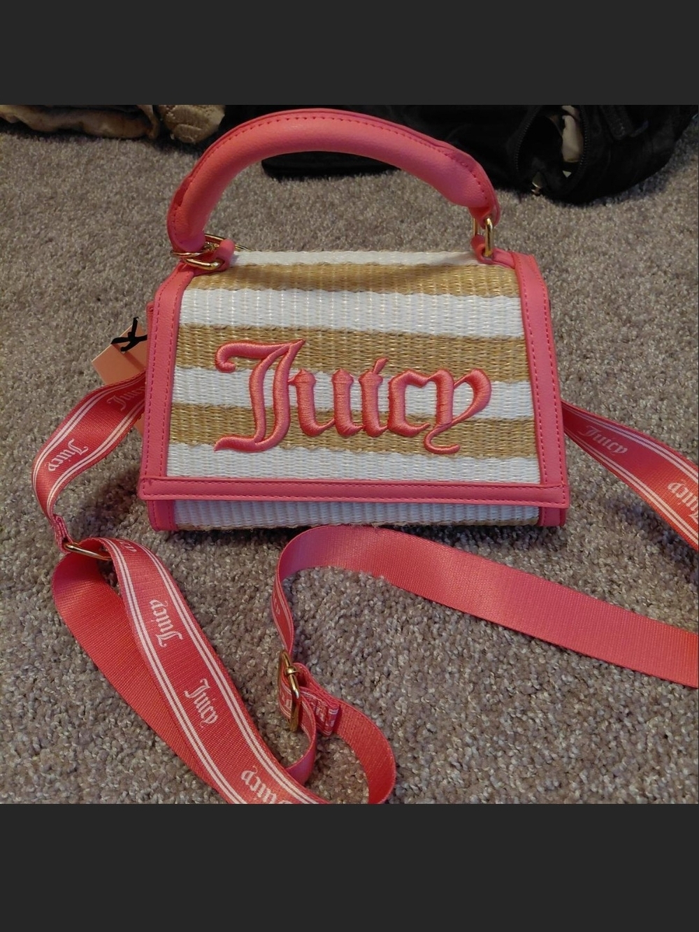 Juicy Couture Pink, White & Tan Striped Top-Handle Crossbody Bag